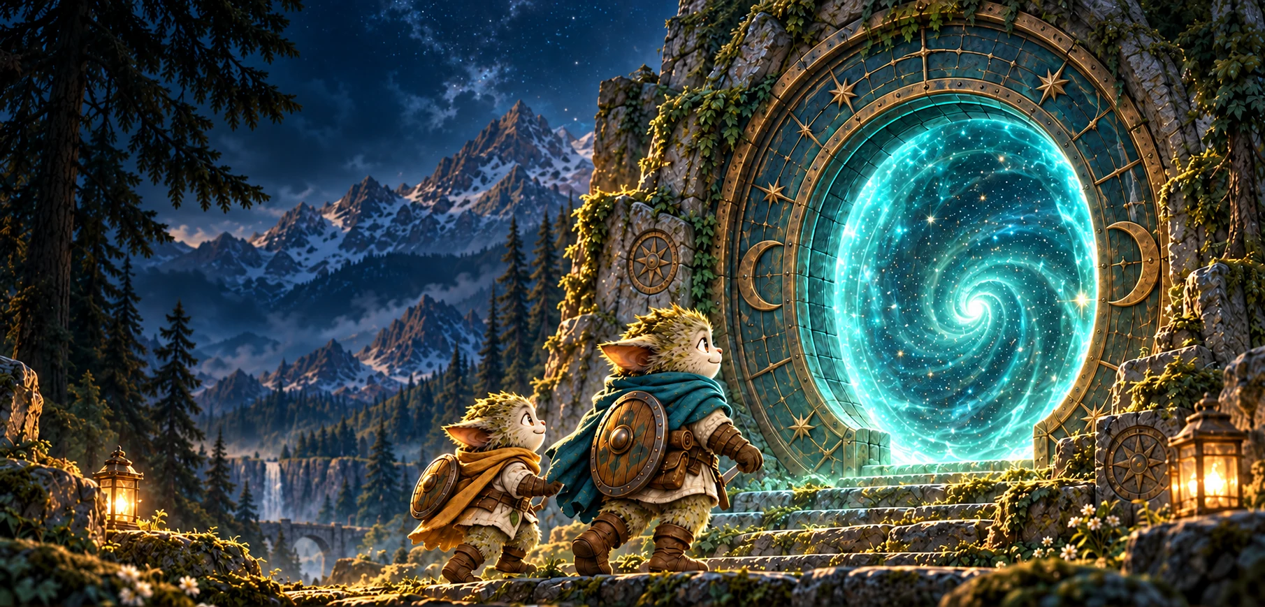 Two small furry travellers approach a glowing portal in an ancient forest.